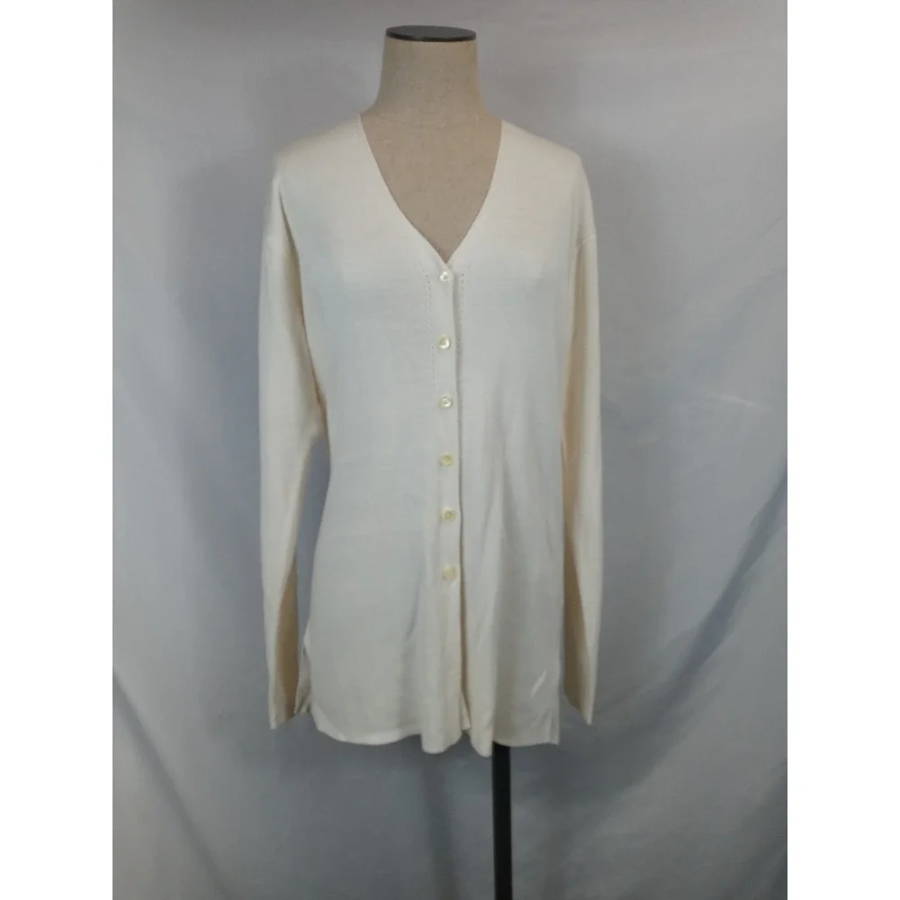 Worthington Cardigan Sz L Ivory Fine Knit V-Neck Classic Career Office‎ Sweater